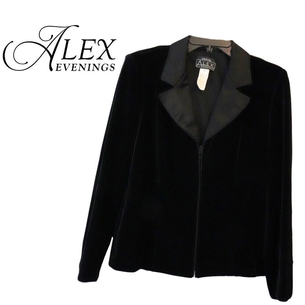 Alex Evenings,‎ Velvet Satin Collared Zipper Jacket, Black